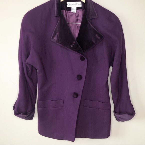 Vintage Christian Dior Purple Wool Crepe & Velvet asymmetrical hourglass blazer - Picture 1 of 12
